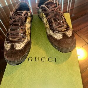 Gucci Men's GG Monogram Canvas and Suede Low-Top Sneakers in brown
